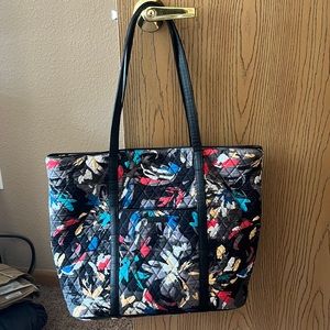 Black floral Vera Bradley tote bag. 13” deep, other dimensions pictured above.